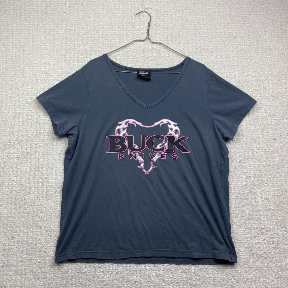 Y2K VTG Buck Knives Gray V Neck T Shirt Women's XXL Goth Holographic Heart Cyber